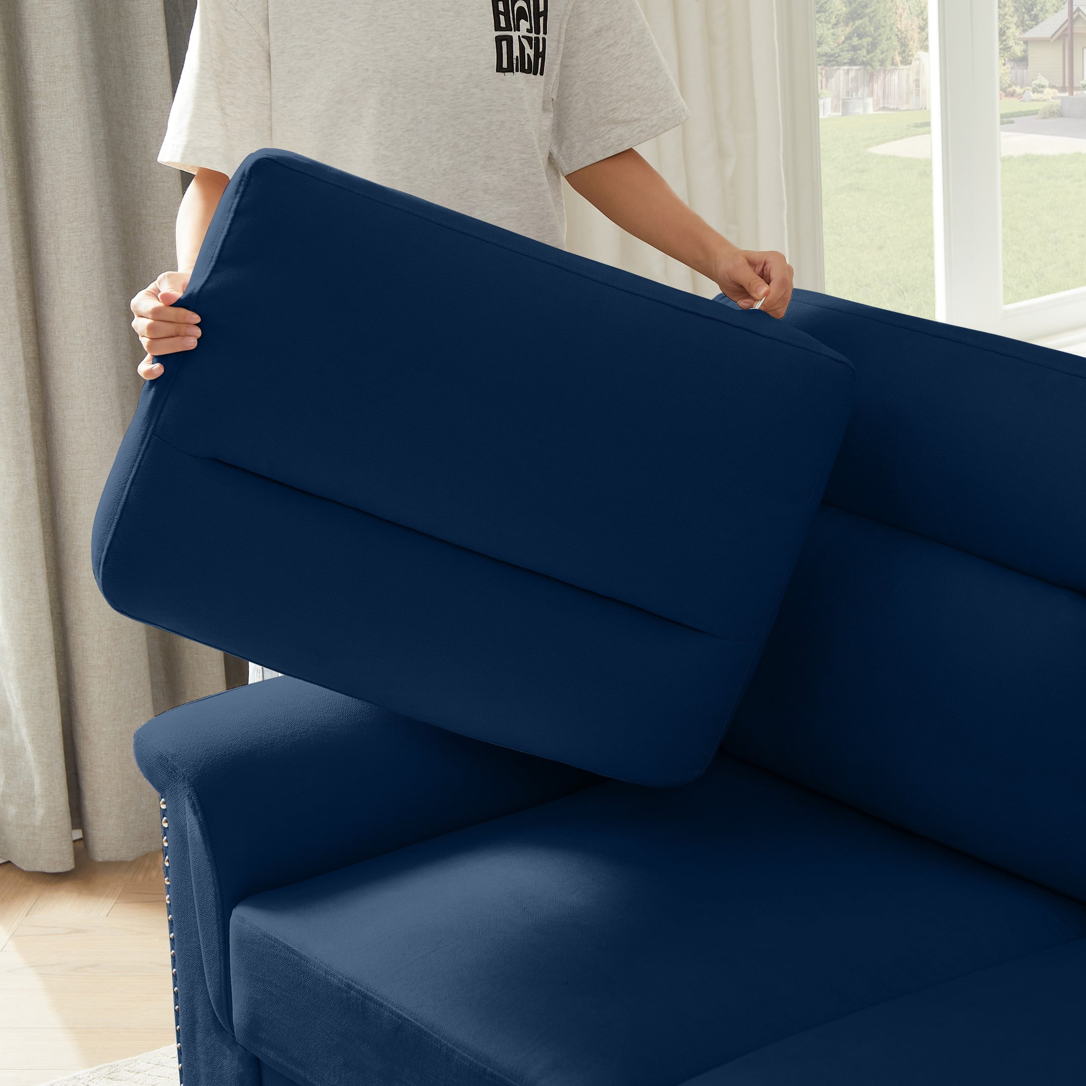 Aukfa 84" Contemporary Sofa for Living Room, Snowfleece 3-Seater Sofa with Naihead Trim, Blue