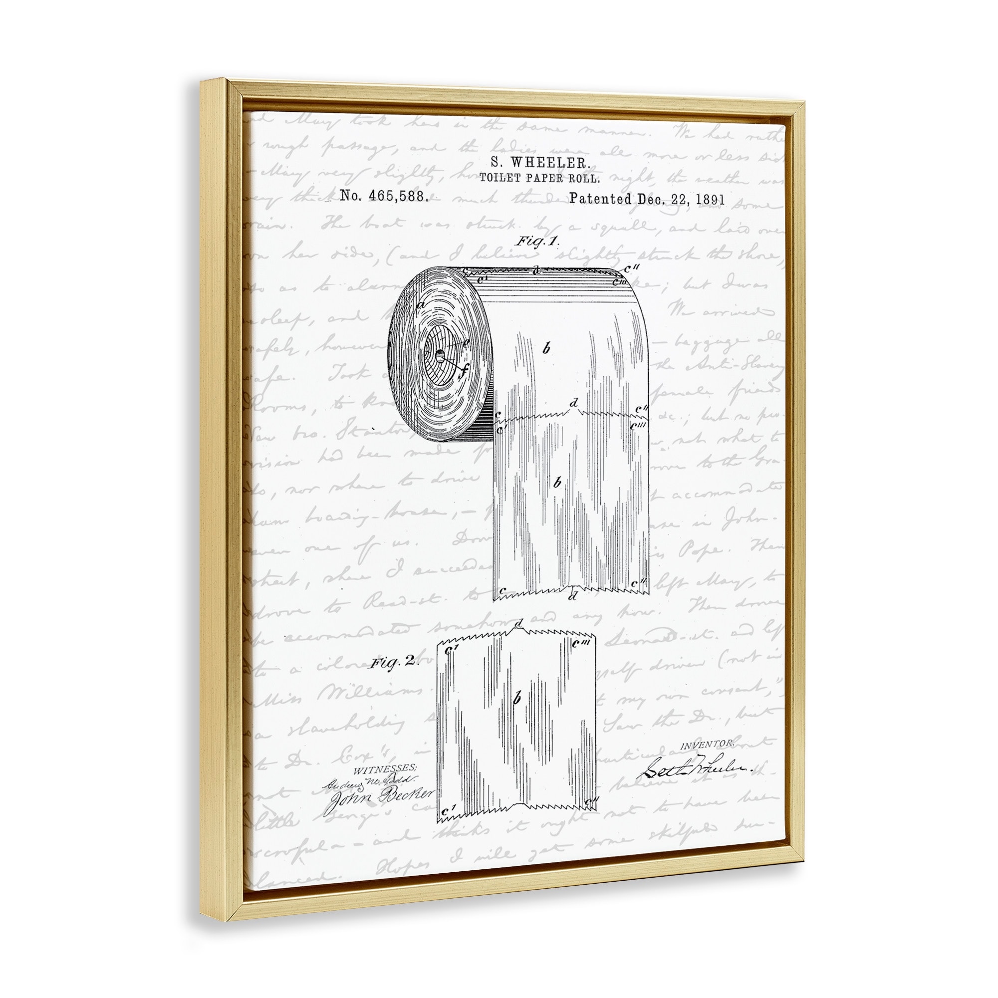 Stupell Industries Toilet Paper Roll Patent Black And White Bathroom Design Metallic Gold Framed Floating Canvas Wall Art, 24x30, by Lettered and Lined