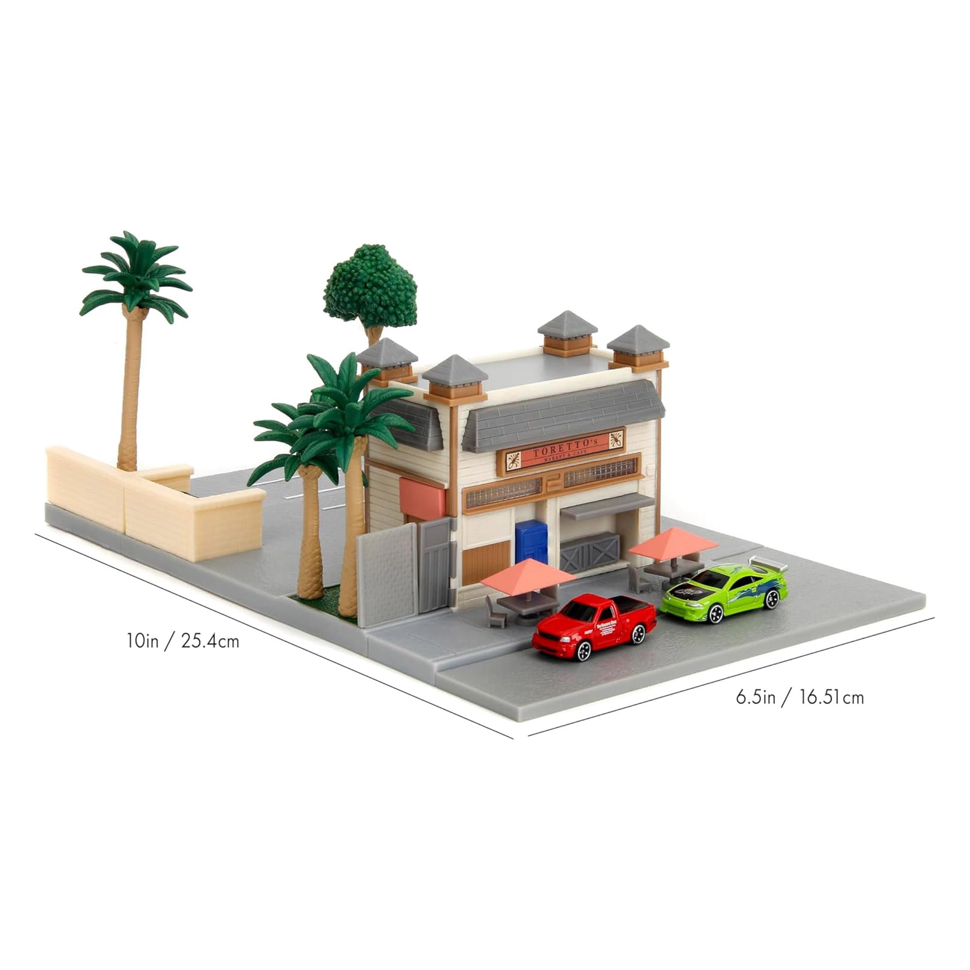 Jada Toys Fast & Furious Nanoscene: Toretto's Market & Cafe with 2 Nano Vehicles – Highly Detailed Movie Replica Playset, Collectible Scene for Ages 8+