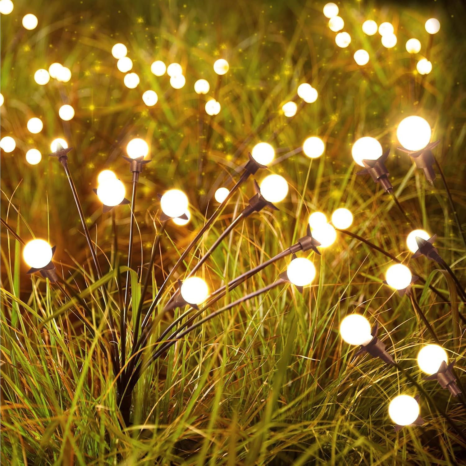 Solar Garden Lights, 4 Pack 48 LED Firefly Lights with 2 Lighting Mode, Sway by Wind, Waterproof Solar Light for Outdoor Outside Yard, Warm White