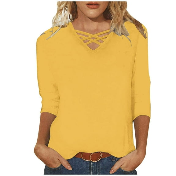 ShomPort 3/4 Sleeve Casual Tops for Women Summer Trendy V-Neck Solid Color Pullovers T-Shirts