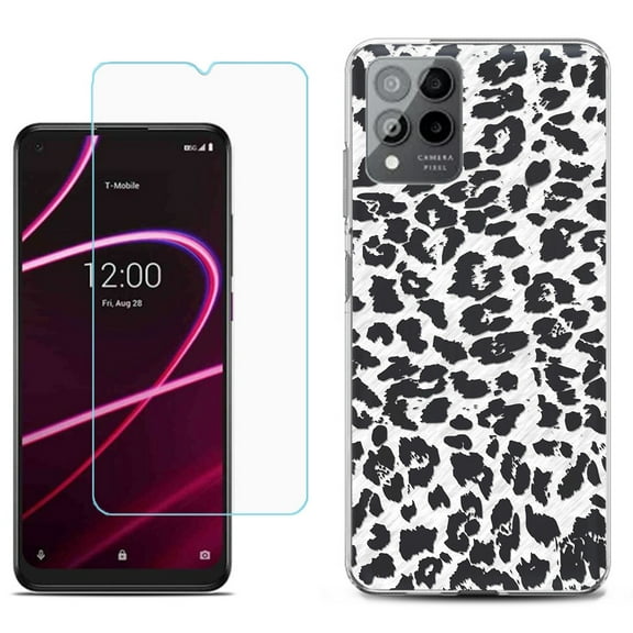 Slim-Fit Gel TPU Phone Case for T-Mobile Revvl 6 Pro 5G, with Tempered Glass Screen Protector, by OneToughShield ® - Cheetah B/W