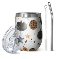 12oz Stemless Wine Tumblers Halloween Pumpkin Star Pattern Vacuum Insulated Stainless Steel Travel Tumbler Cups Mug with Lid and Straw for Champaign,Cocktail,Beer with Cleaning Brush
