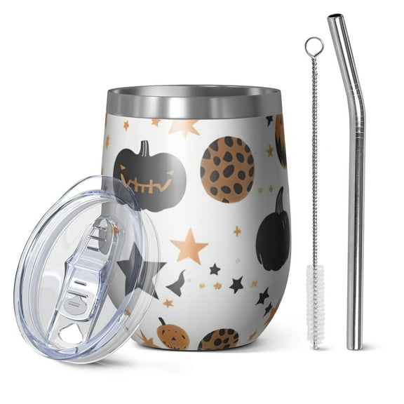 12oz Stemless Wine Tumblers Halloween Pumpkin Star Pattern Vacuum Insulated Stainless Steel Travel Tumbler Cups Mug with Lid and Straw for Champaign,Cocktail,Beer with Cleaning Brush