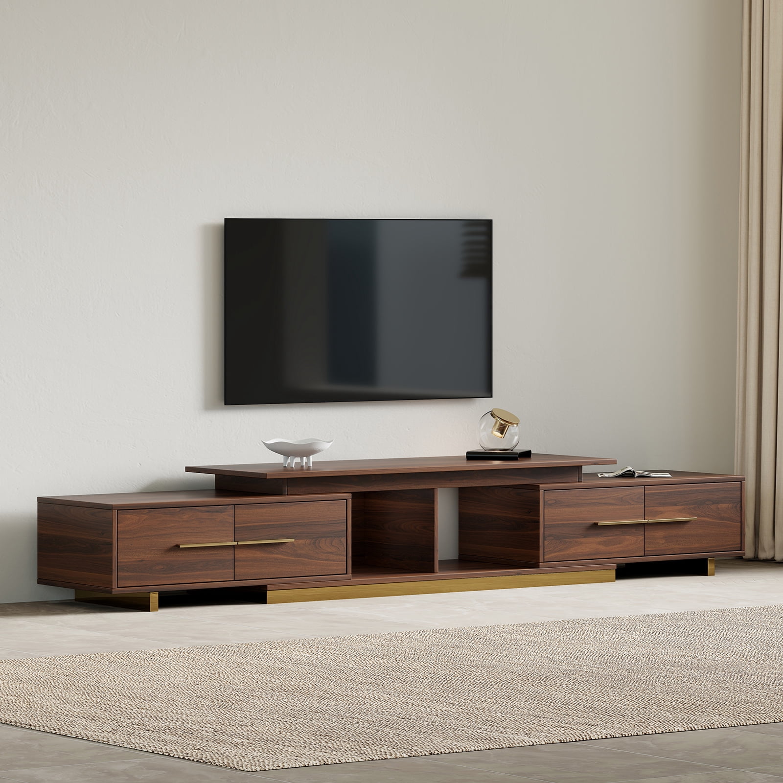 siu want Extendable TV Stand for 55-100 inch TVs, Modern TV Console with 4 Drawers, Walnut Entertainment Center for Living Room