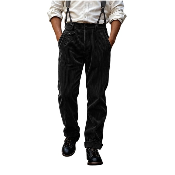 Fengqque Men's Pinstripe Straight‑Leg Suit Trousers Button Zipper Fly Casual Pants with Pockets Black L