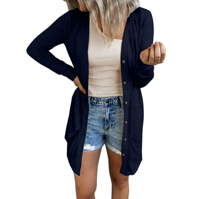Manteau pour Femmes Automne Hiver Manches Longues Tricoté Manteau Ouvert Mode Cardigan Mi-Long Col Rond Trench Coat