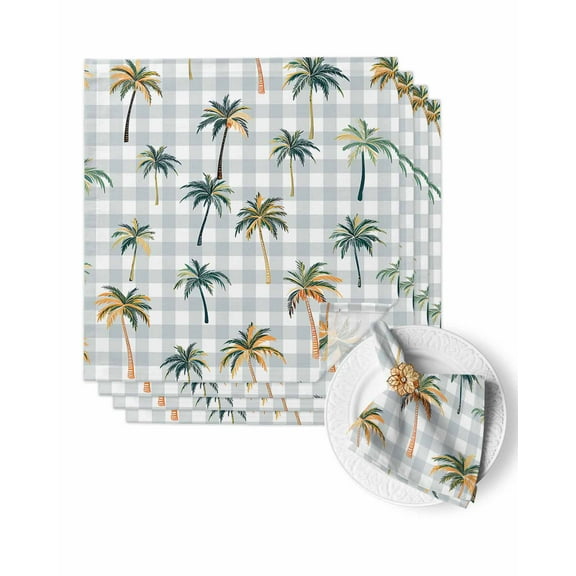 Cloth Napkins Summer Retro Palm Trees on Buffalo Plaid Washable Soft Kitchen Dinner Napkin Set of 4,Tropical Botanical Reusable Cocktail Napkins for Wedding Holiday Party Event,20x20In