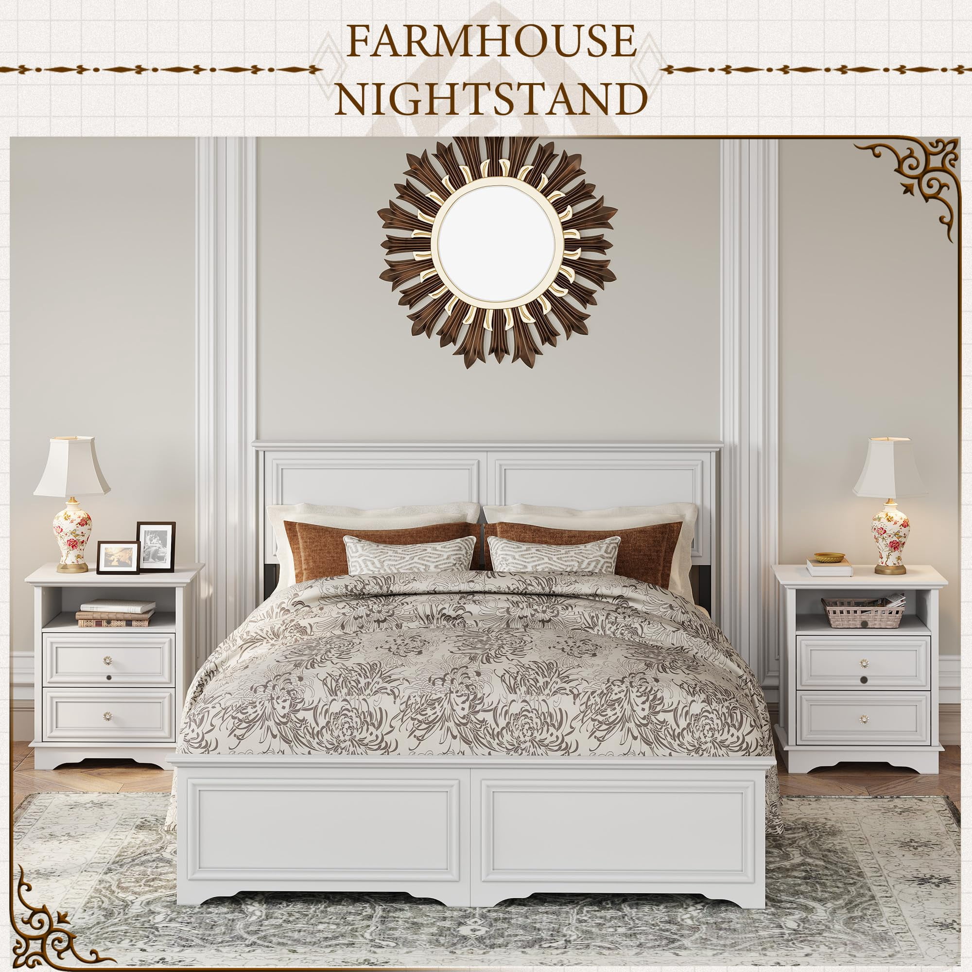 Brafab Farmhouse Nightstand Set of 2, 25" Tall 3-Drawer Open Shelf Bedside Table