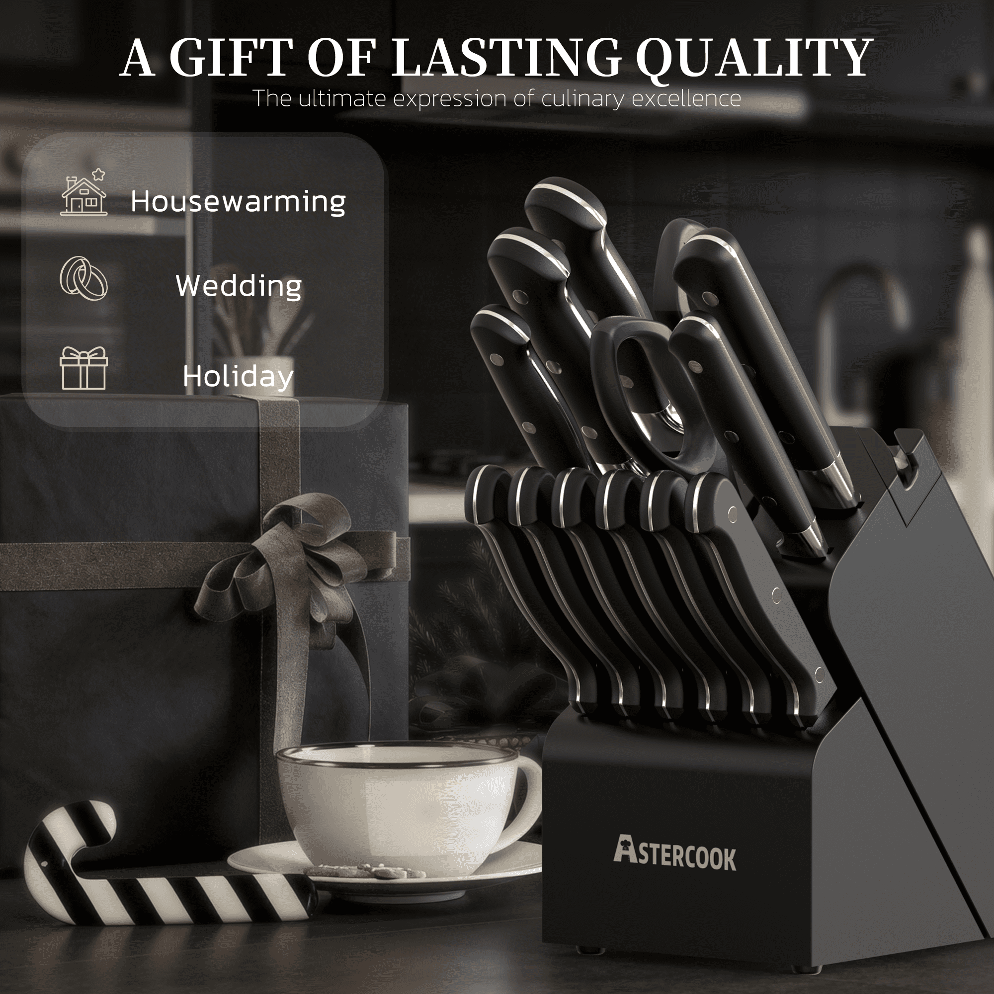 Astercook 14-Piece Knife Set with Block and Built-in Sharpener, Professional Full-Tang Kitchen Knife Set, Sleek Black Design for Modern Kitchens and Housewarming Gifts