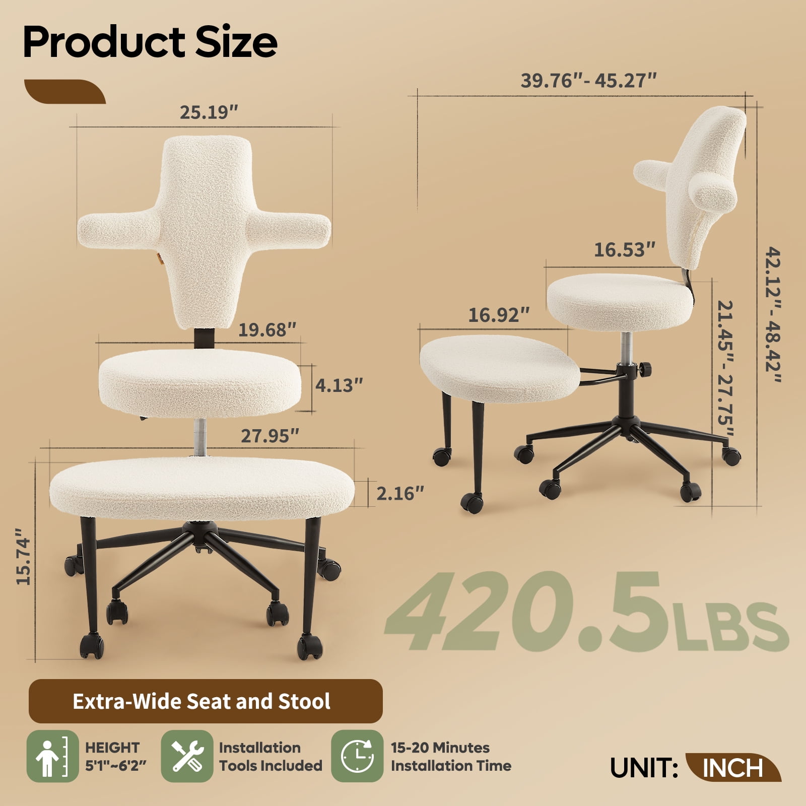 Pinmoco Ergonomic Cross Legged Office Chair, Wide Teddy Fabric Criss Cross Desk Swivel Seating for Home, White