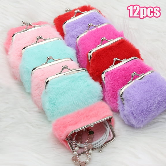 TSV 12pcs Furry Coin Purse, Soft Plush Kiss-Lock Change Purse for Women, Fashion Color Coin Pouch, Small Mini Wallet for Jewelry, Keys, Coin, Cash