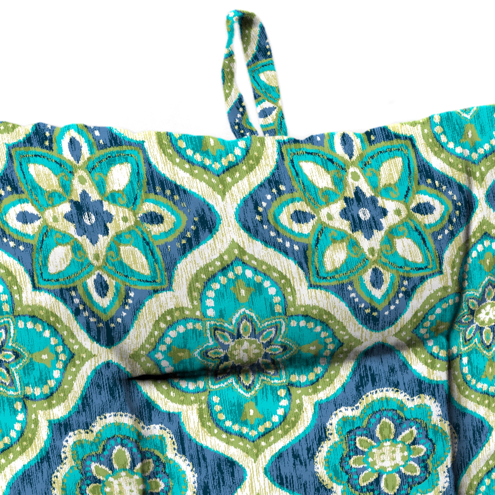 Jordan Manufacturing 38" x 21" Adonis Capri Teal Medallion Rectangular Outdoor Wrought Iron Chair Cushion with Ties and Hanger Loop