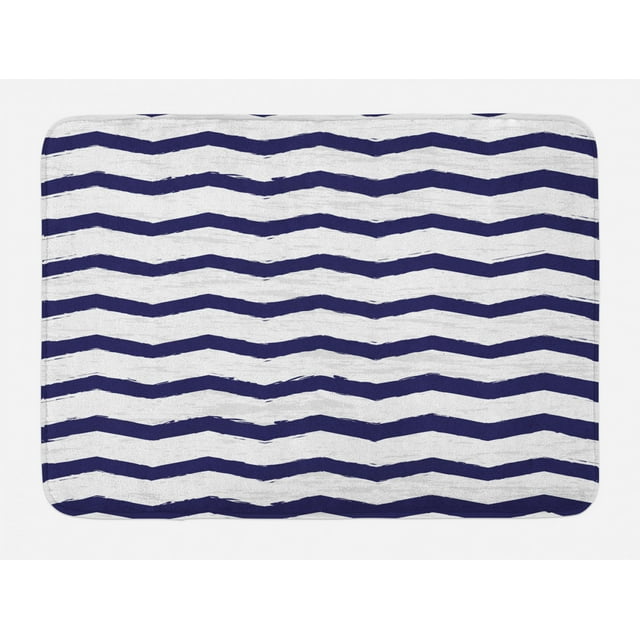 Navy Bath Mat, Chevron Twisty Pattern in Nautical Style Tones Ocean Sea