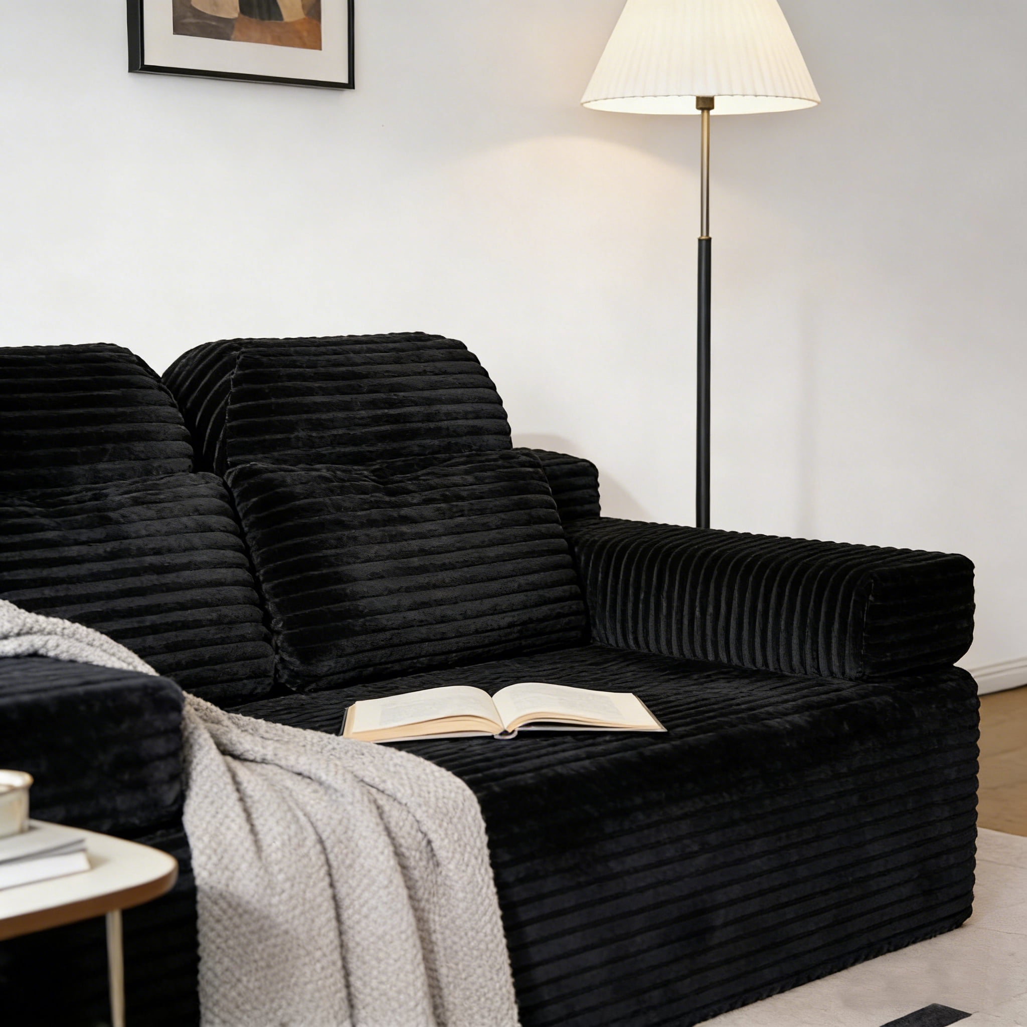 71" High Backrest Sofa for Small Spaces, Compressed Corduroy Couch with Deep Seating for Living Room, Bedroom, Black