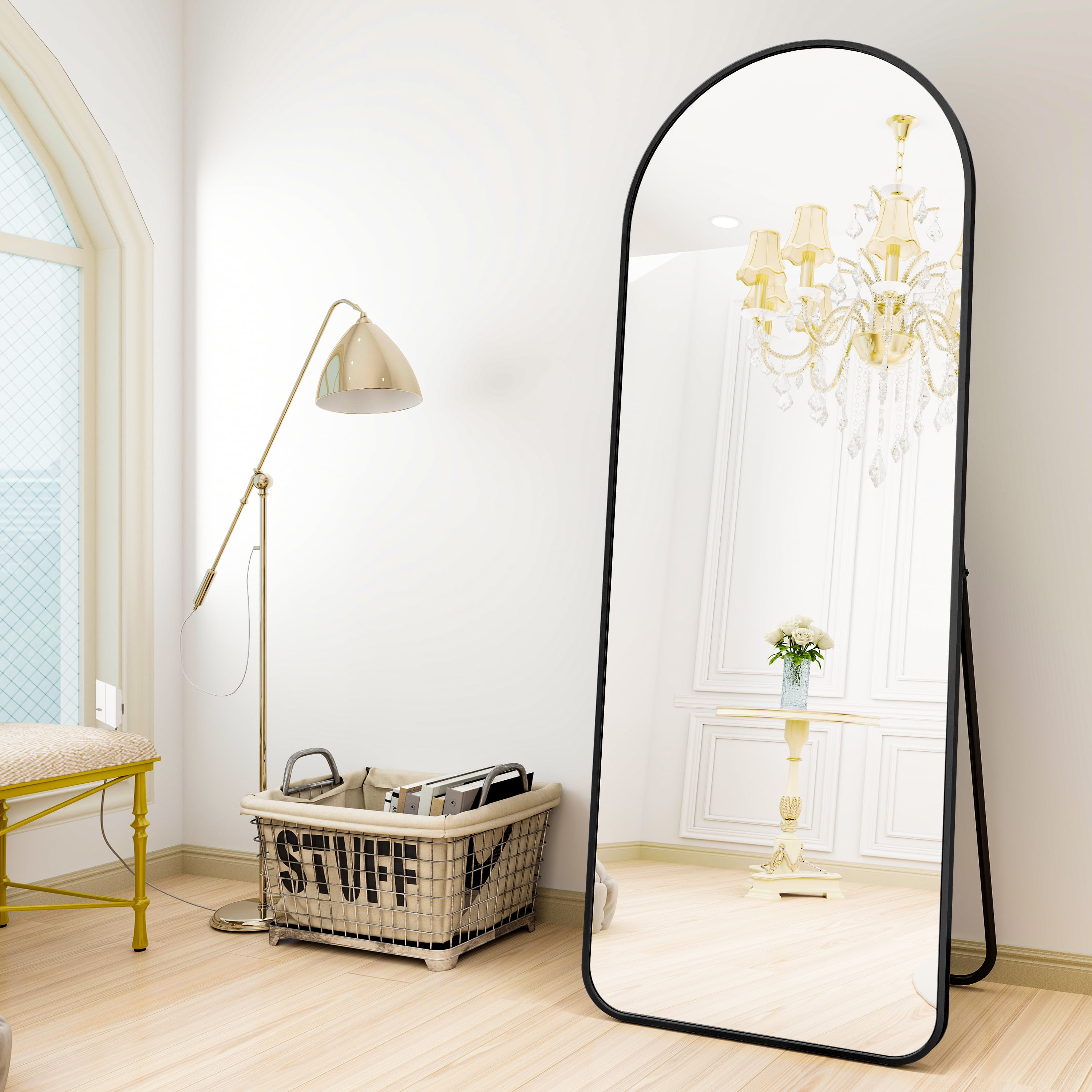 BEAUTYPEAK 64"x21" Full Length Standing Arch-Top Floor Mirror, Black