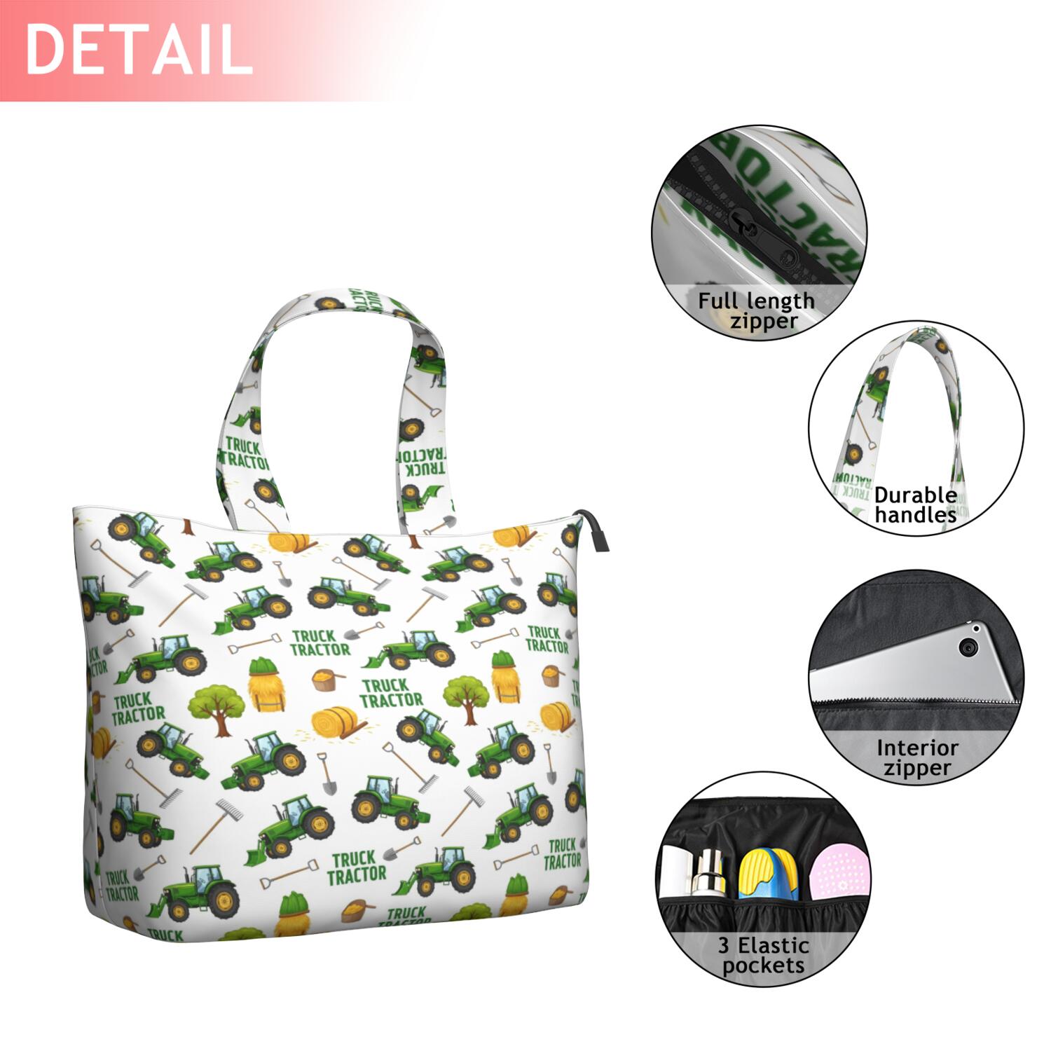 Cartoon Tractors Hay Bales White Pattern Travel Tote Bags for Women Carry On,Large Weekender Bags for Women Travel,Multi Functional Duffle Bag for Work,Shopping,Sports