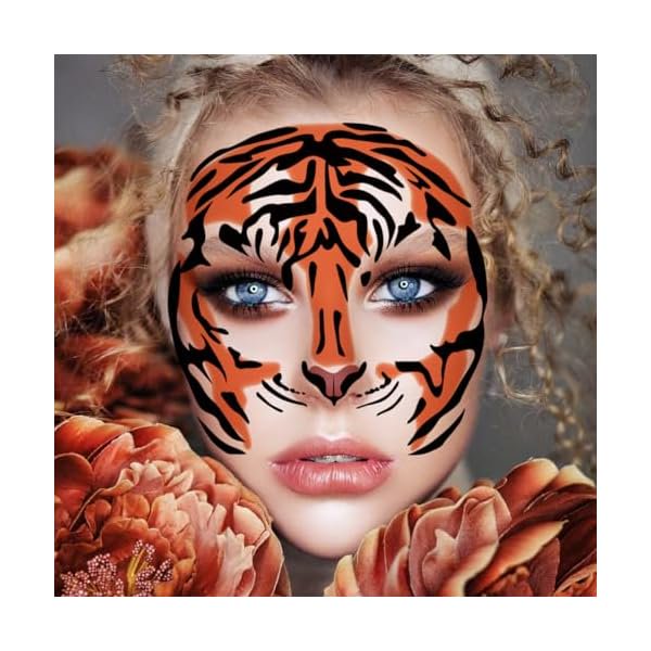 wonima02 Halloween Tiger Face Temporary Tattoo Stickers - 5 Pack, 6.8 x 6.8 Inch, Cosplay Face Tattoos for Adults & Kids, Perfect for Halloween Party & Costume