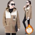 thumbnail image 4 of comerut Lady Fall Winter Coat Thick Fleece Colorblock Long Sleeve Hooded Pockets Mid Length Zipper Closure Cardigan Warm Loose Lady Jacket, 4 of 8
