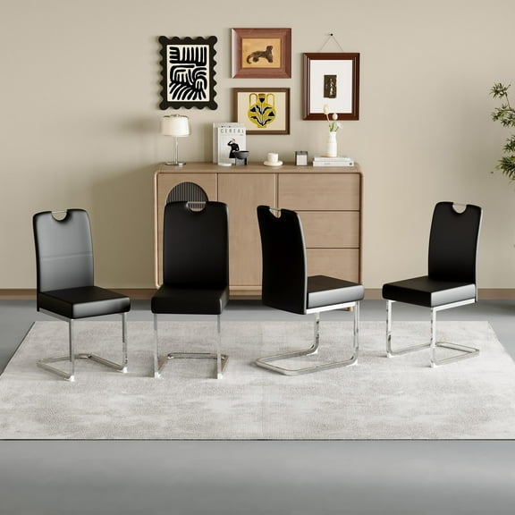 TesNus Dining Chair Set of 4 Black Faux Leather High Back Chrome Metal Legs for Dining Room Kitchen