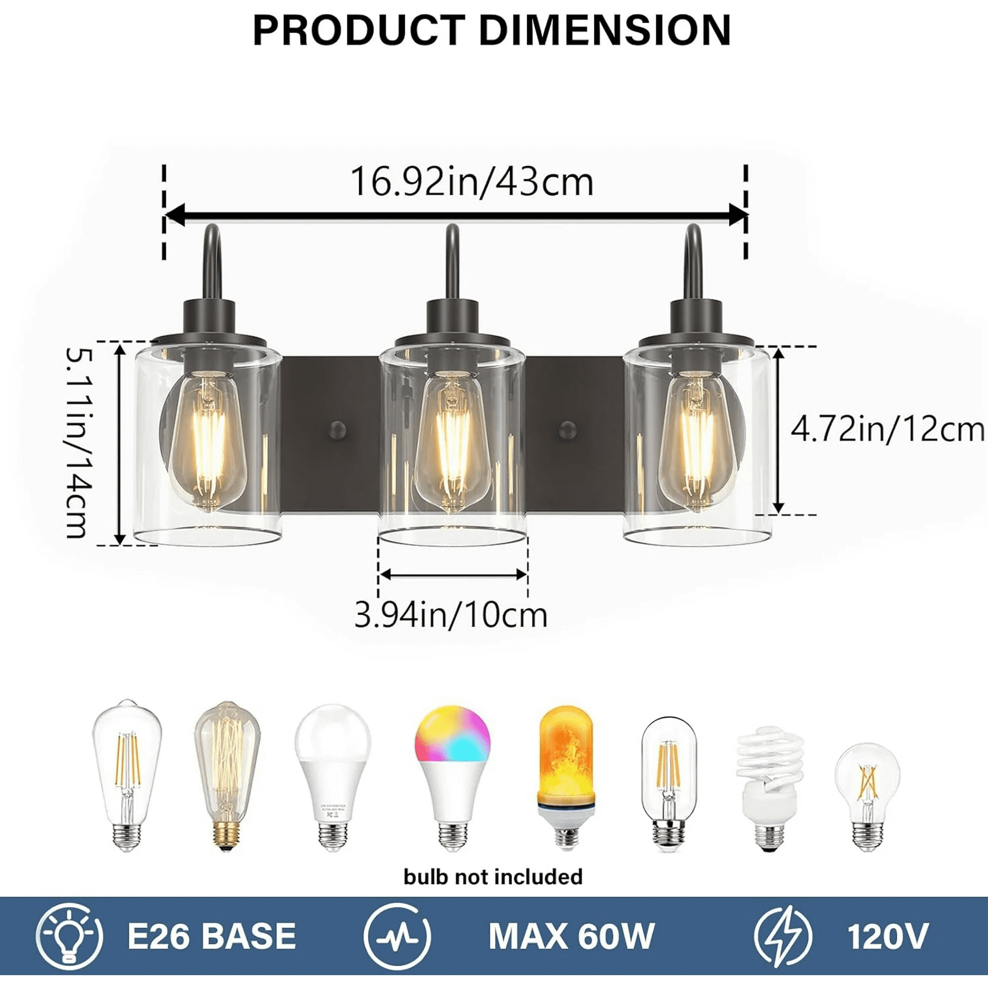 3-Light Bathroom Light Fixtures Black Vanity Lights Bathroom Vanity Lights over Mirror Wall Sconce for Indoor