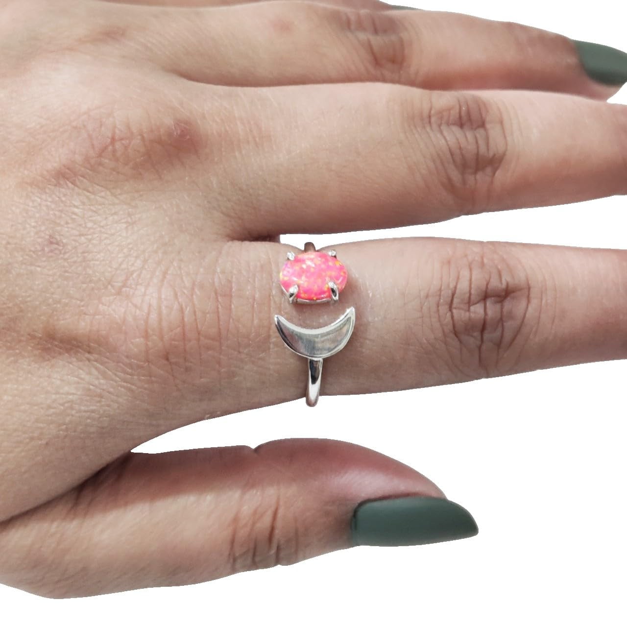 Natural Pink Opal Ring, Pink Opal Gemstone Ring, October Birthstone, Crescent Moon Adjustable Ring, Toe Ring, 925 Sterling Silver, Womens Ring, Christmas, Thanksgiving, Handmade Statement Jewelry