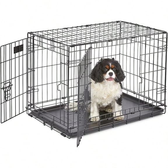 30-Inch Two-Door iCrate Folding Dog Crate with Divider Panel Leak-Proof Tray Secure Latches Metal Wire Kennel for Medium Breeds Portable Durable Easy to Assemble