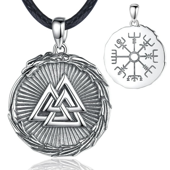 EUDORA Sterling Silver Viking Valknut Necklace for Men, Norse Amulet Dragon Nordic Vegvisir Odin Knot Hrungnir’s Heart Pagan Talisman 24“ Cord