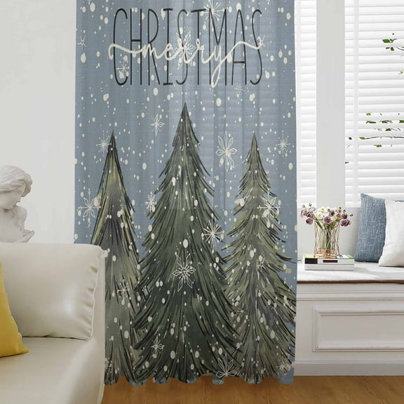 Blue Christmas Tree Semi Sheer Curtains Drapes for Living Room, Bedroom, French Doors Window 54 Inches Long, Green Xmas Tree Snowflake Rod Pocket Chiffon Curtain Drapery Voile Draperies Panel