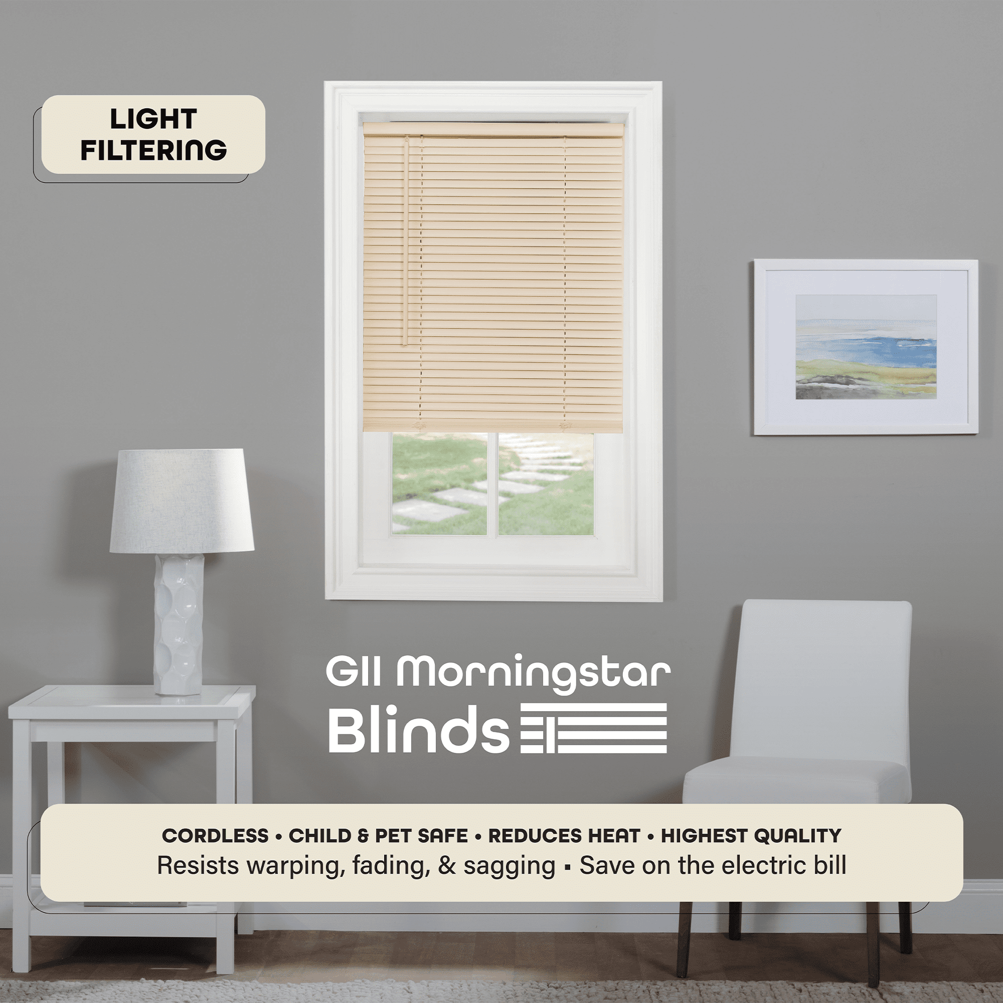 Achim GII Morningstar Indoor Cordless Alabaster Vinyl Light Filtering Window Mini Blind, 72" L x 35" W