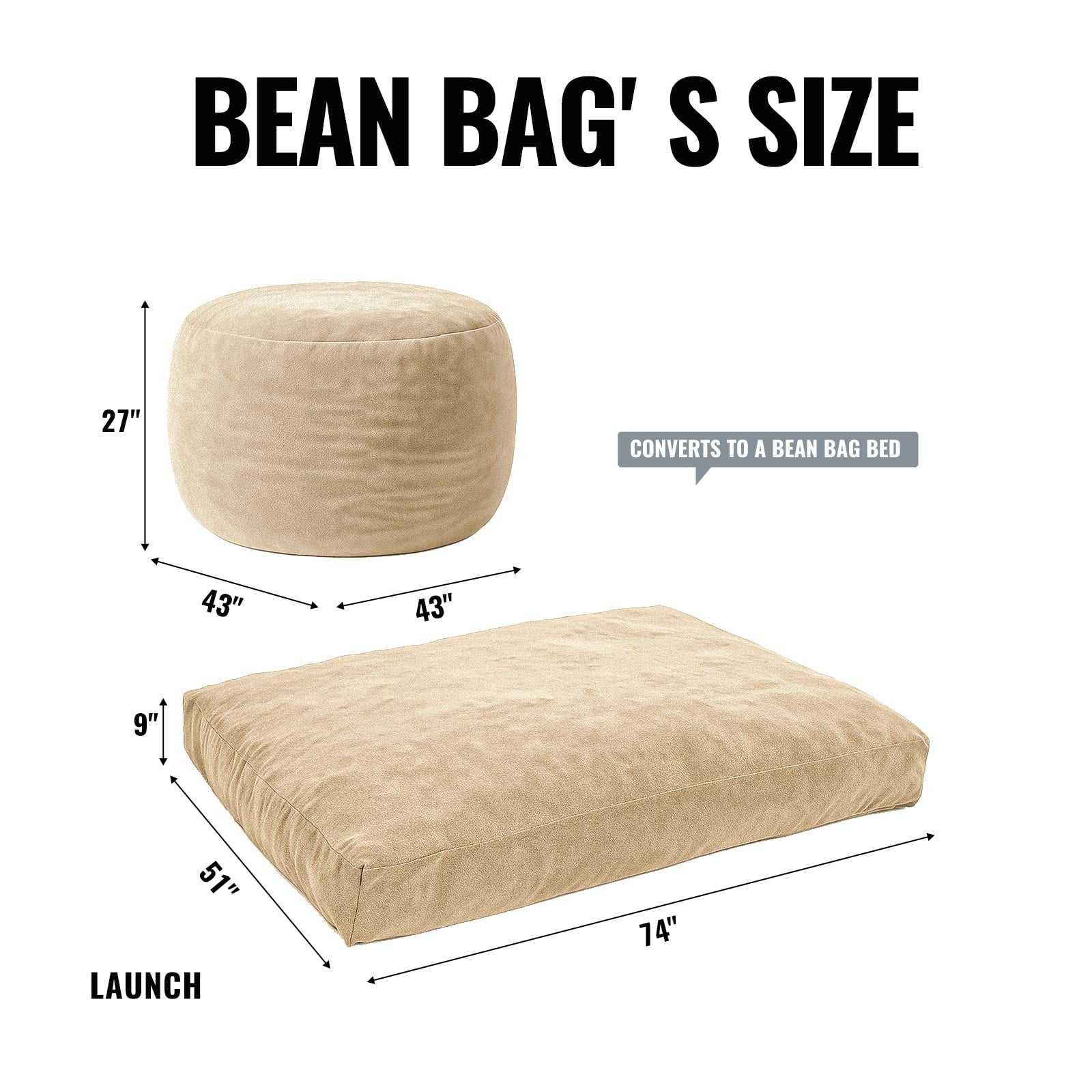 Bean Bag Chair,Convertible Bean Bag Chair Bed Giant Bean Bag Chairs for Adults Memory Foam Bean Bag Bed for Adults Bean Bags Chair that Turns into Bed