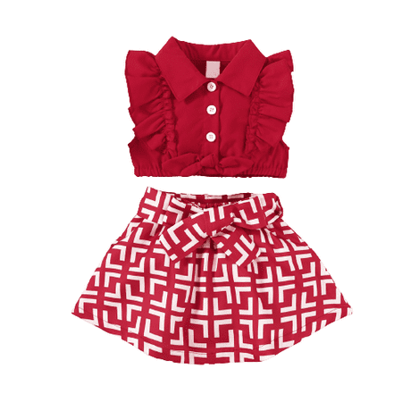 

Mikrdoo Baby Girls Clothes Sleeveless Tops Pattern Skirts 2Pcs Outfits For Summer Red 18-24 Months