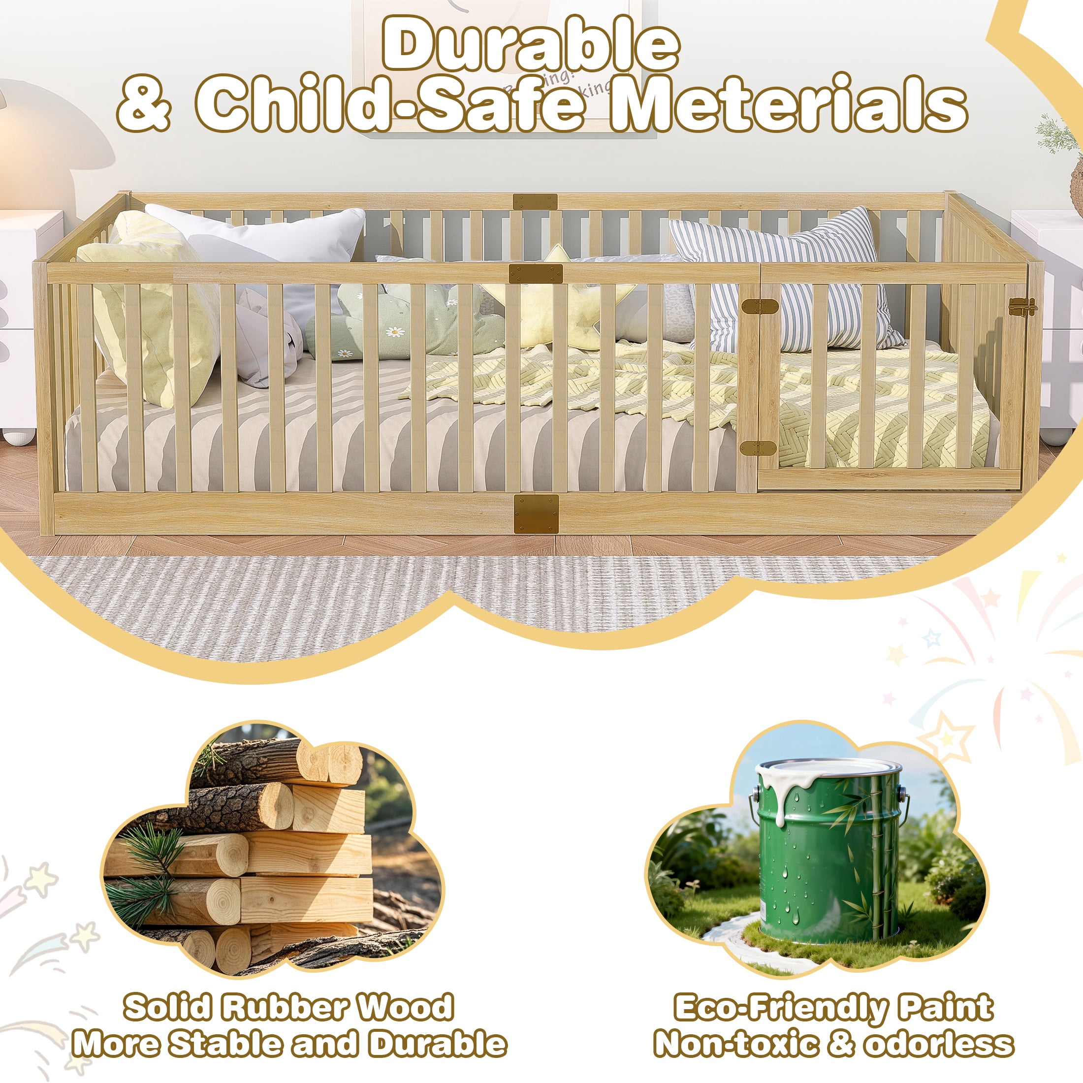 Sesslife Twin Size Floor Bed with High Fence & Door, Wood Twin Bed Frame with Salts and 21.5” Safety Guardrails, Twin Floor Bed for Boys Girls, No Box Spring Needed, Natural