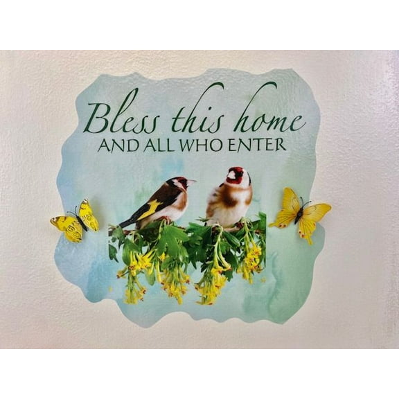 3D Bedroom Wall Decal Sticker For Unisex Custom Designs With 3D Butterfly Cute Birds Pair On Flowers With 3D Butterflies - Bless This Home And All Easily Applied And Removable - Size: 30 In X 24 In