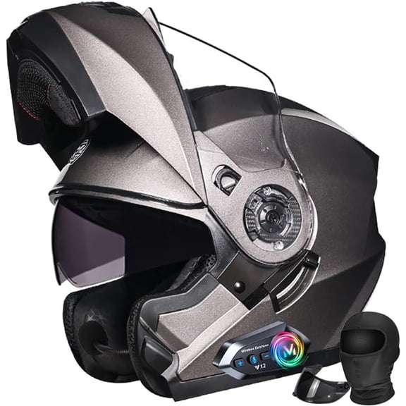 Bluetooth Modular Motorcycle Generic for Adults DOT Approved - Full Face Flip-Up Design with Built-in Sunshield, Dual Anti-Fog Visors, Quick-Release System Multi-Vent Cooling