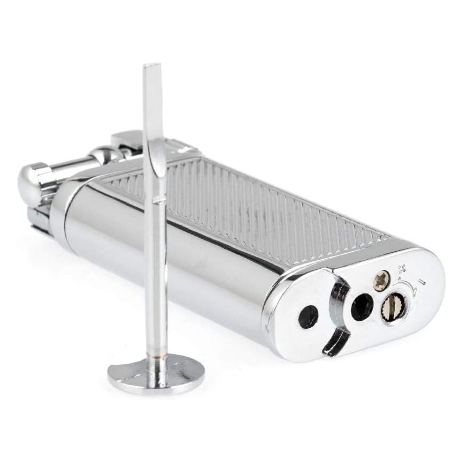 Angled Soft Flame Antique Lift Arm Butane Refillable Lighter with Tamper & Pick (Chrome)