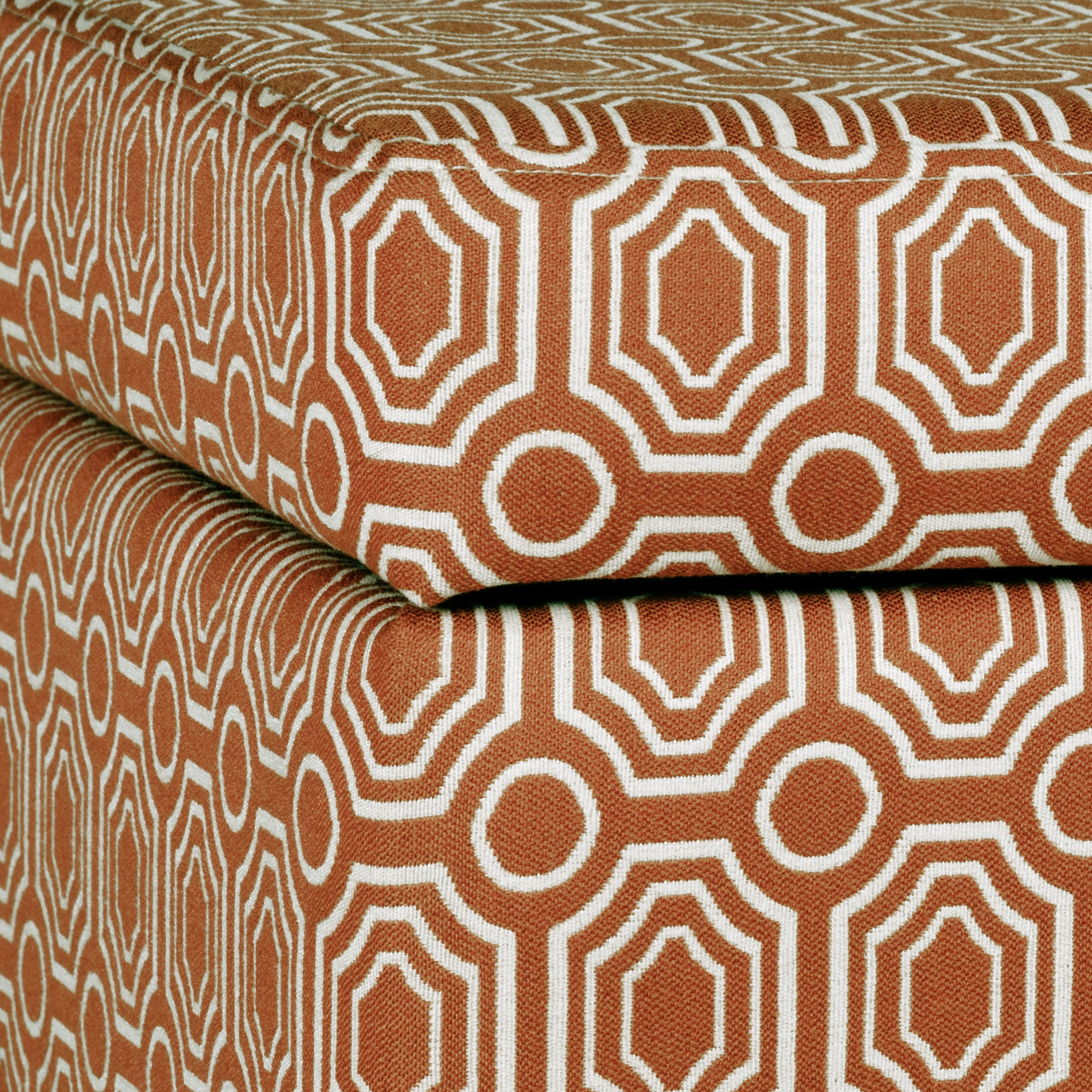 Geometric Patterned Square Wooden Ottoman with Lift Off Lid Storage Orange and Cream - Saltoro Sherpi