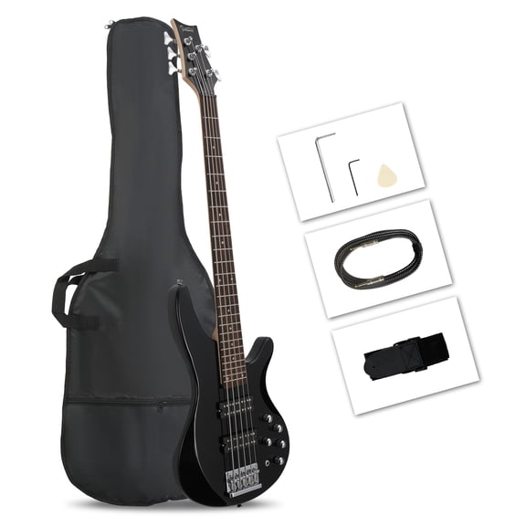 44 Inch GIB 5 String H-H Pickup Laurel Wood Fingerboard Electric Bass Guitar with Bag and Other Accessories Black