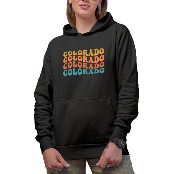 Colorado, US State Themed, Groovy Retro Wavy Text Merch Gift, Black Hooded Sweatshirt or Hoodie, Small