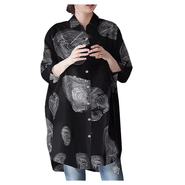 Camisa irregular holgada de manga larga informal para mujer, camisa de lino y algodón de Color sólido, Top de solapa/camisa Pompotops FGAJ21004