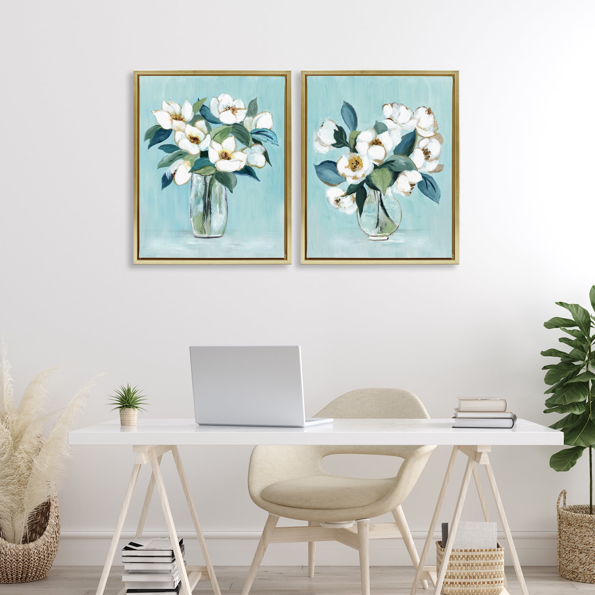 Stupell Industries Magnolia Blossom Vases 2 Piece Gold Framed Floater Canvas Set, design by Janet Tava