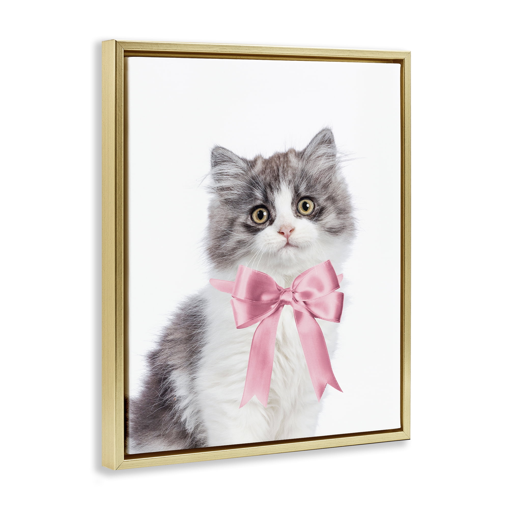 Stupell Industries Kitten with Pink Bow Animals Painting Gold Floater Framed Canvas Art Print Wall Art, 25 x 31