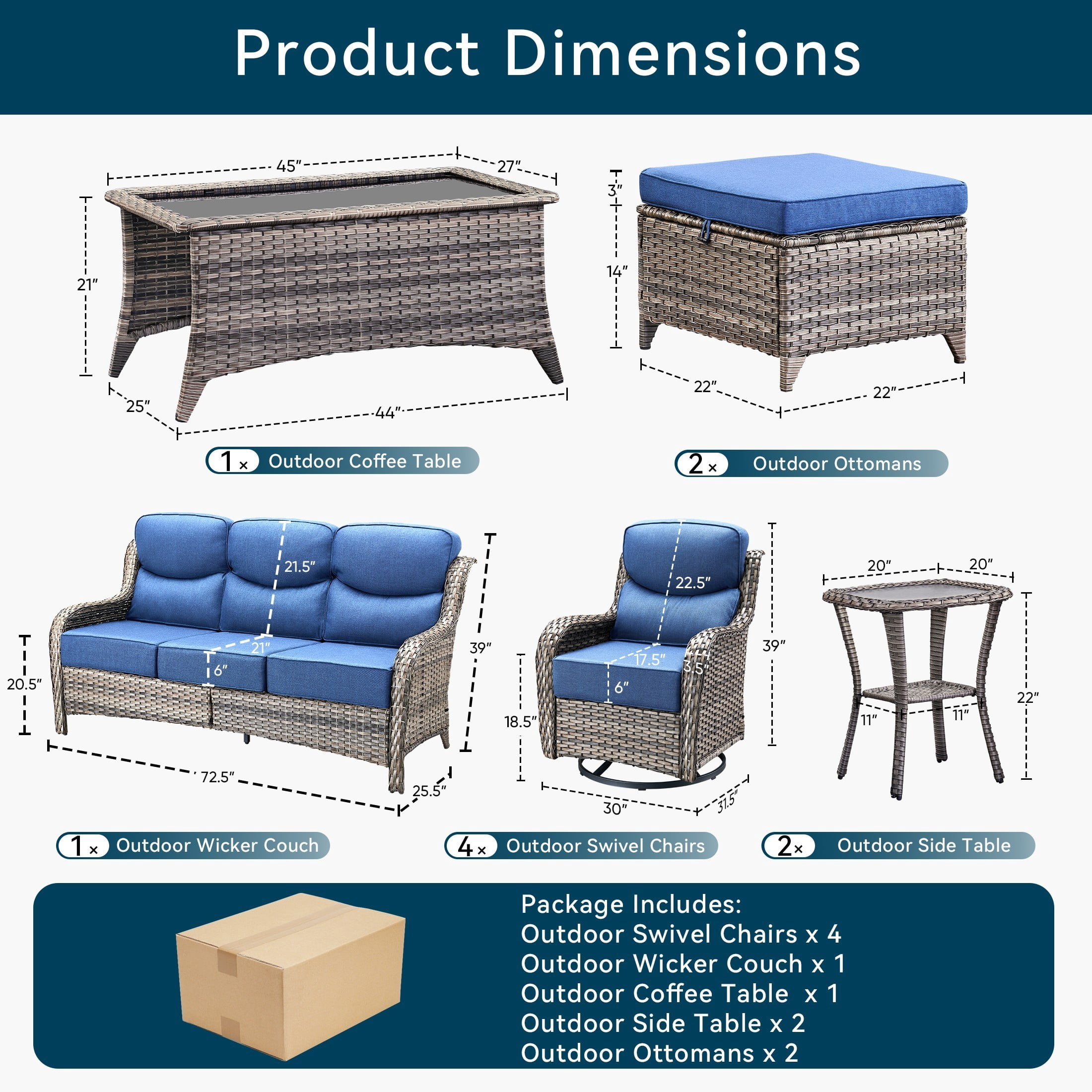 Unnifurnzi 10 Pieces Wicker Outdoor Furniture-Outdoor Swivel Chairs Set of 4 with 6 Inch Thick Cushions Outdoor Couch with Outdoor Ottoman Patio Furniture Set for Deck Porch Poolside-Gray/Blue