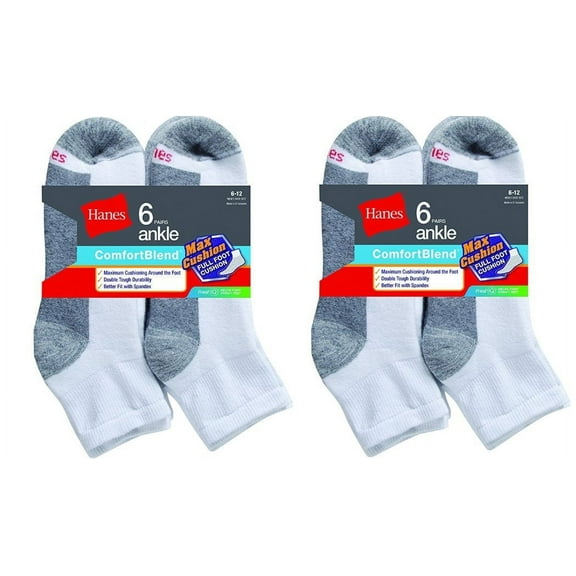 Hanes Mens Comfortblend Max Cushion 12-Pack White Ankle Socks