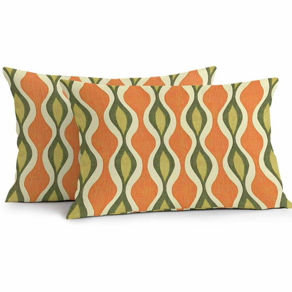 Orange Green Geometric Waterproof Outdoor Throw Pillow Covers 12''x20'' Pack 2, Pillow Cases Throw Cushion Cover with Zipper, Abstract Moire Contemporary Washable Pillowcase for Poolside Sofa