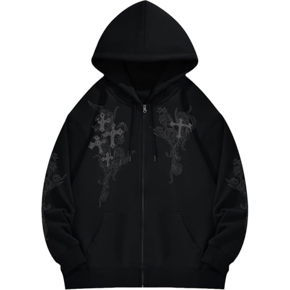 XIAOCHA Mens Cross Gothic Print Hoodie Oversized Long Sleeve Hooded Zip Up Hoodie Soft Dark Edgy Streetwear Hoodies
