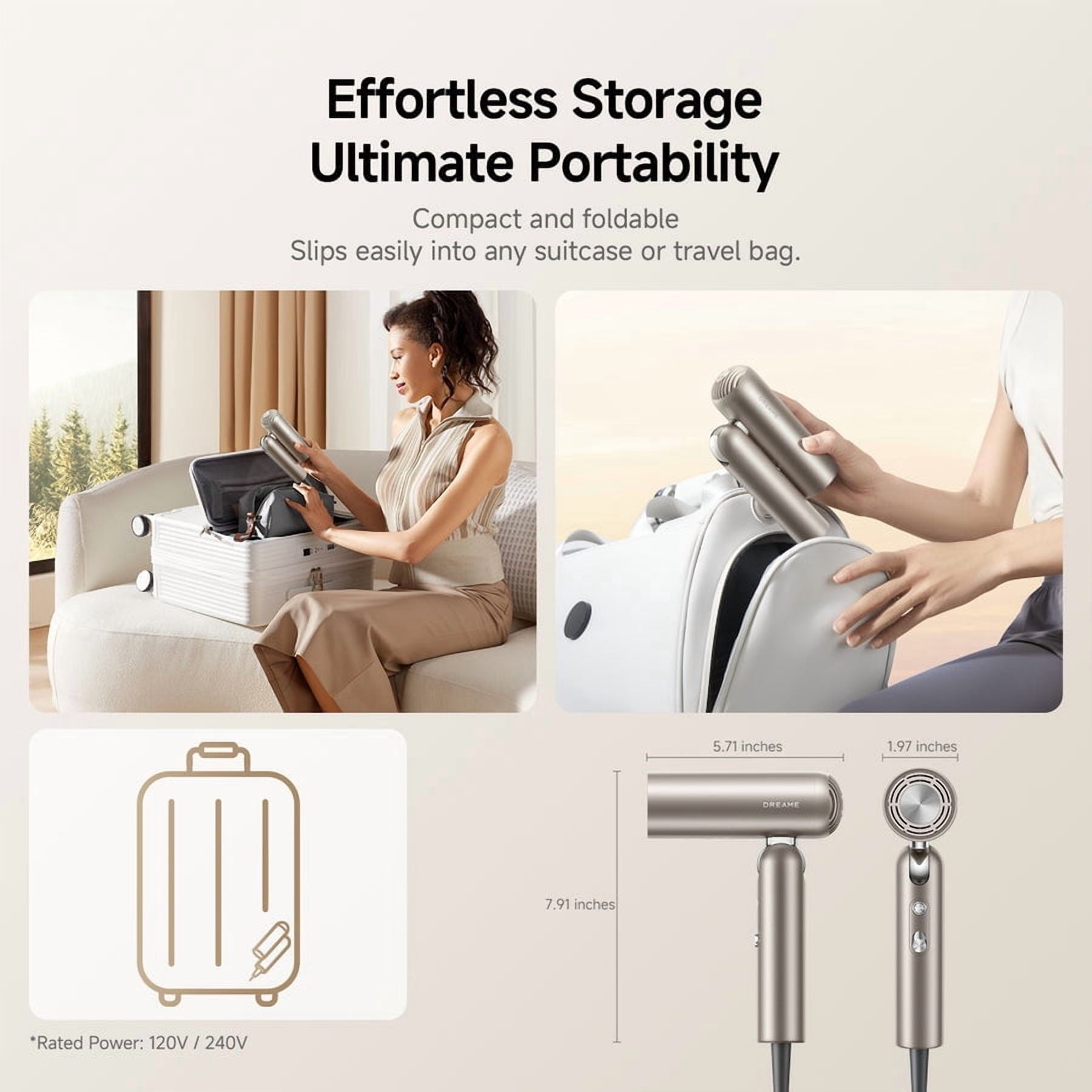 Dreame Pocket Hair Dryer - Ultra Lightweight Blow Dryer with 4 Styling Attachments, Fast Drying, 300M Negative Ions, Low Noise, Portable for Home & Domestic Travel & Gym,Gold