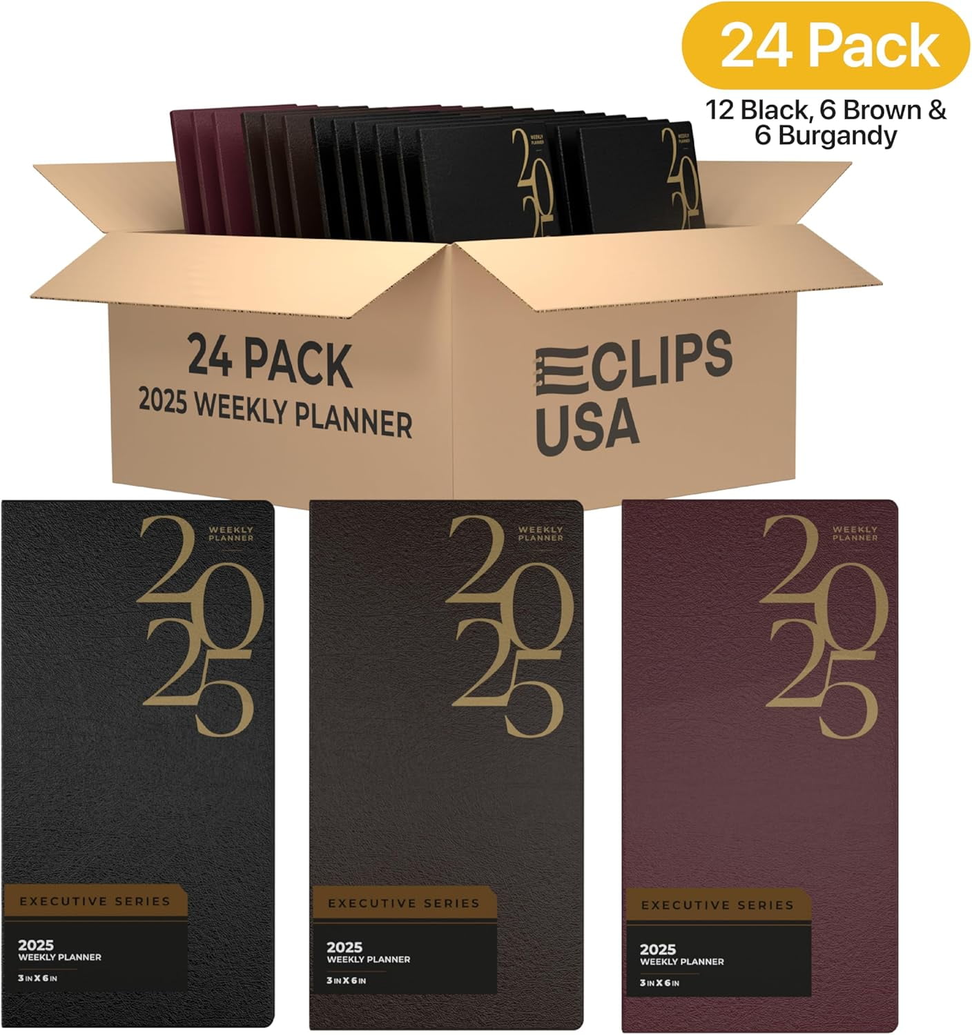 E-Clips USA Executive Series 2025 Weekly Planner Calendar Planner Notebook, 3” x 6”, 24-Pack
