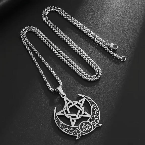 Moon Pentagram 201 Stainless Steel Pendant Necklaces for Women Men Stainless Steel color 23.62 inch(60cm)