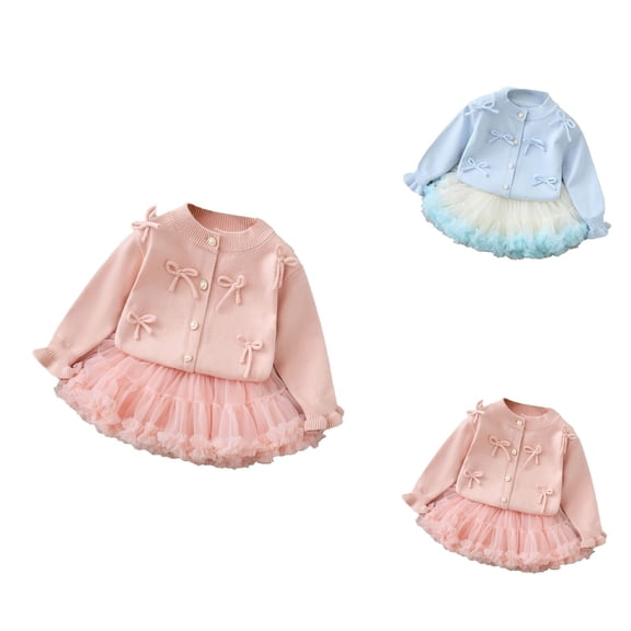 Girls Knit Sweater Dress Two-Piece Outfit with Puff Sleeve Top and Puffy Skirt, Korean-Style Winter Holiday Baby Toddler Set